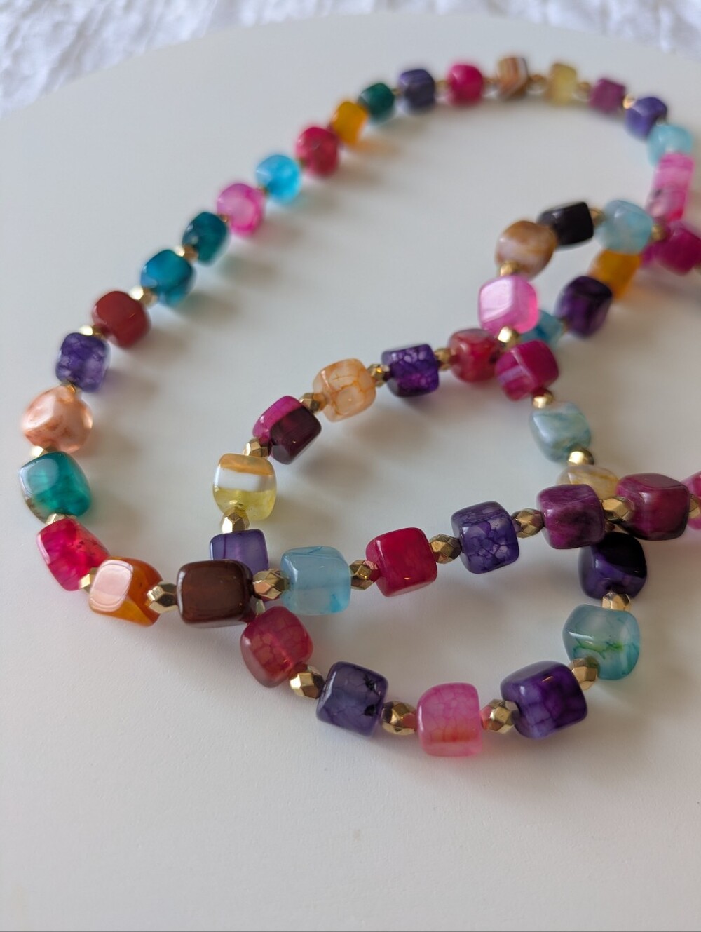 Bright Jeweltone Cubes Beaded Necklace Easy On 24" Length | Handcrafted | NWT